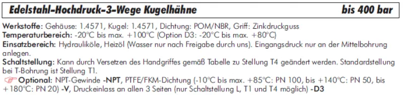 Datenblatt 3-Wege Hochdruck Kugelhahn Edelstahl 1.4571 IG bis 400 bar alle Größen